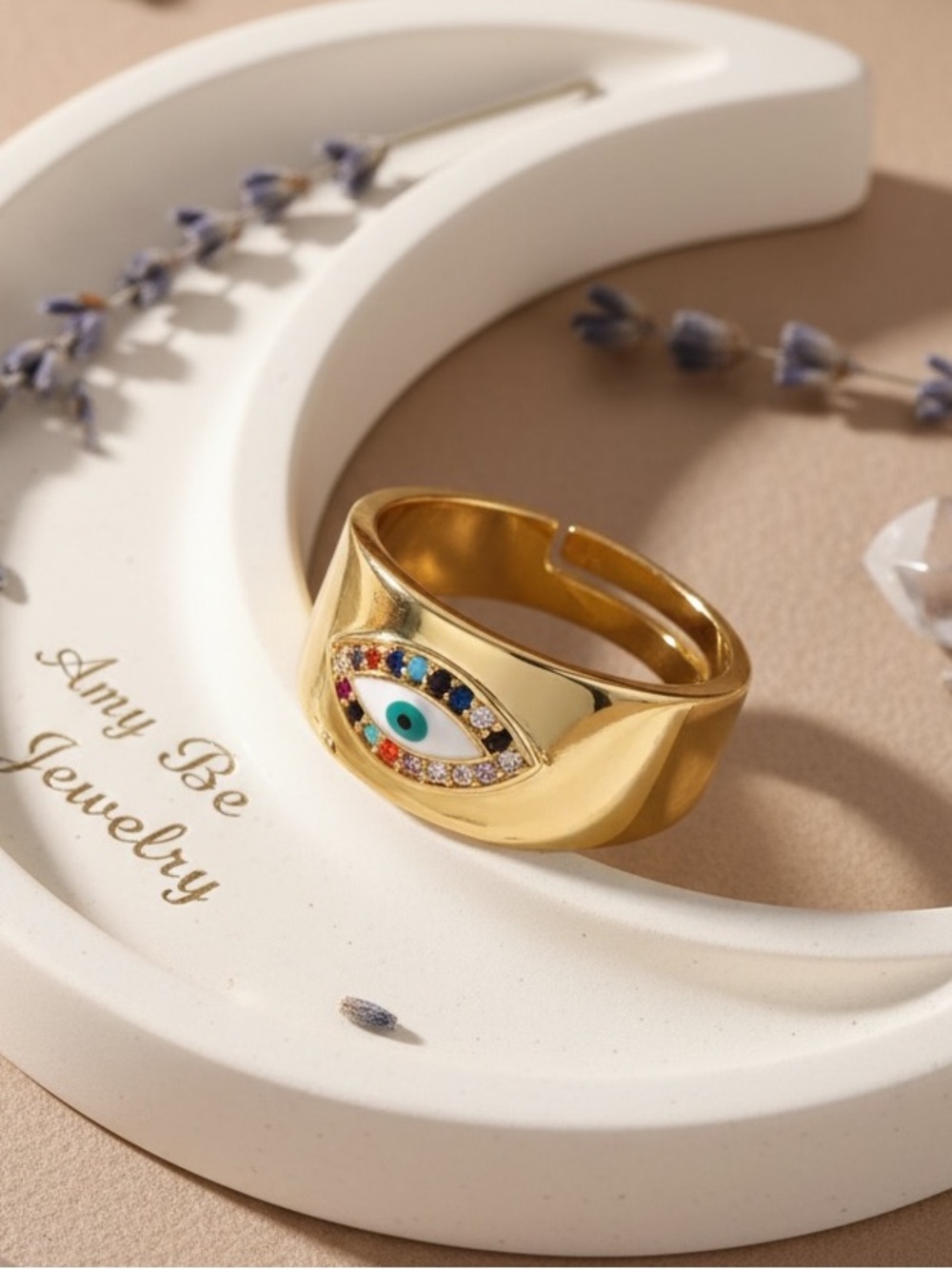 18k Gold Plated Multicolour CZ Eye Adjustable Band Ring. New.